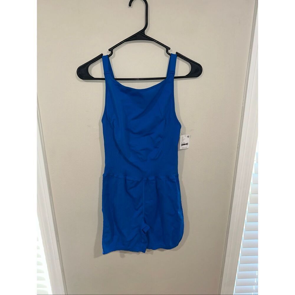 NWT Free People Movement Good Karma High Neck Runsie Shorts mid atlantic blue M/